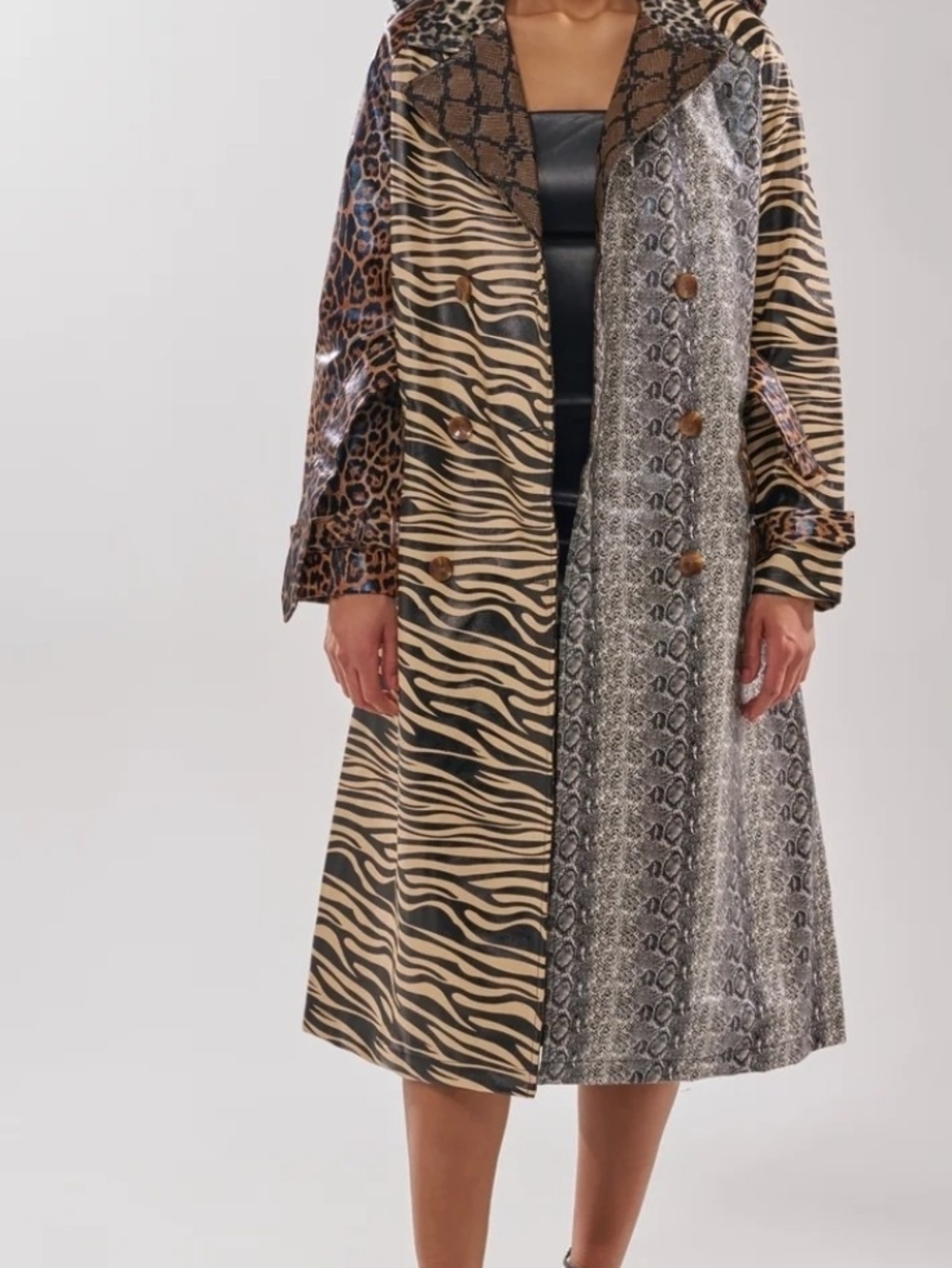 AKIRA Mixed Animal-Print Trench Coat in Brown and Black Sz Xl